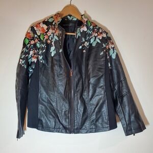 Colleen Lopez Womens Jacket Large Black Moto Faux Leather w/ embroidered flowers